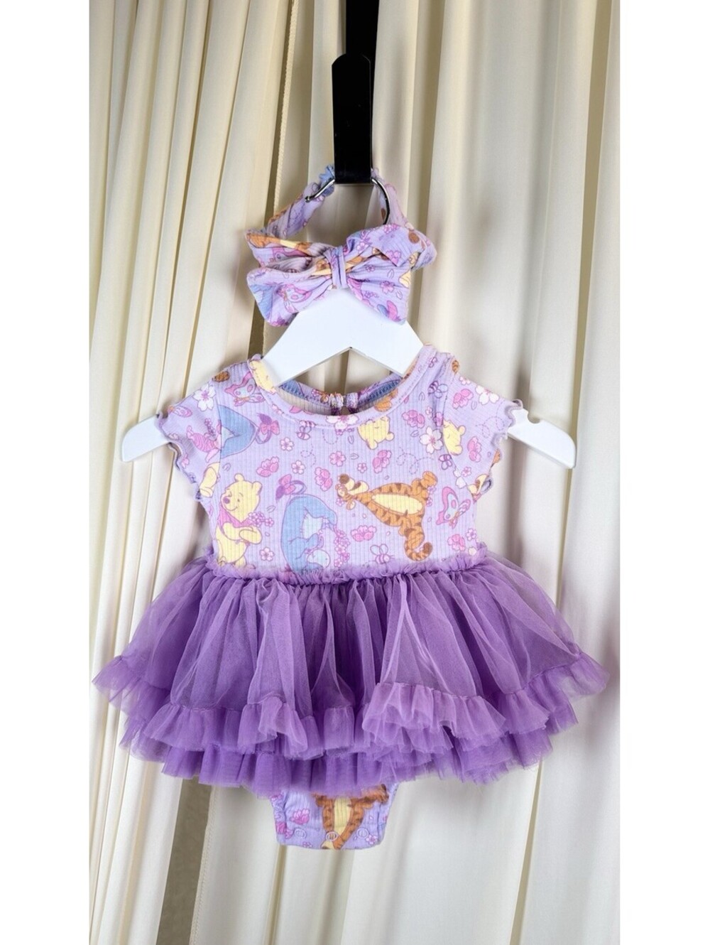 Disney Baby Winnie The Pooh Purple Tutu Bodysuit Dress Bow Headband NWOT 0-3 Mo